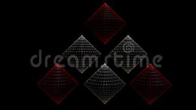 三维视频与锥在线框设计，红色和银锥在黑色背景。 电影简介
